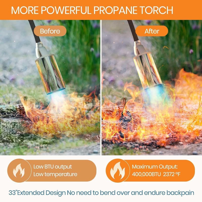 CALPOSE Propane Torch, Flamethrower Heavy Duty High Output 400,000BTU Weed Burner Torch with 12FT Hose, for Garden Wood Roofing Snow Road, Compatible with POL, QCC1 and 1LB Adapter (3 In 1) - Image 2